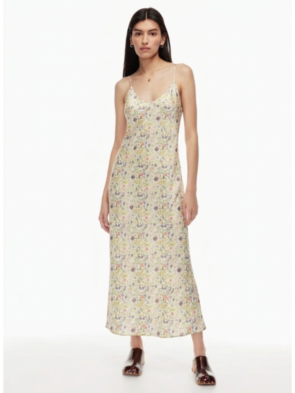 Wilfred Aritzia Only Slip Midi Dress Satin Birch Wheat Floral Lightweight Sz XS